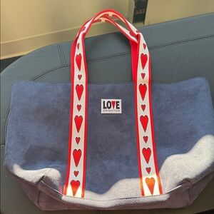 Brighton Navy Tote with Red Heart Straps
